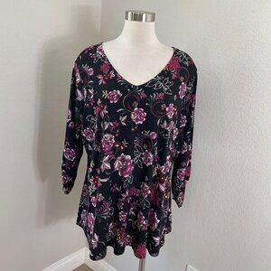 Westport Womens Plus 2X Black Pink Floral Long Sleeve Tunic Top Cross Back Shirt
